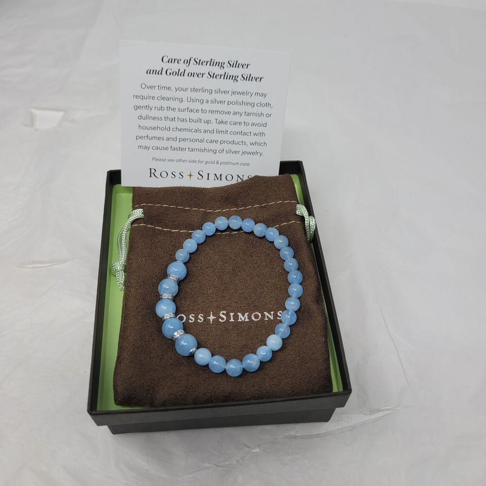 Ross-Simons Sterling Silver Graduated Blue Aquamarine Bead Diamond Bracelet 6.75